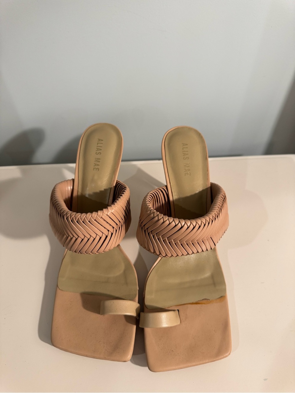 Alias Mae Nude Braided Strap Toe-Loop Mule Heels